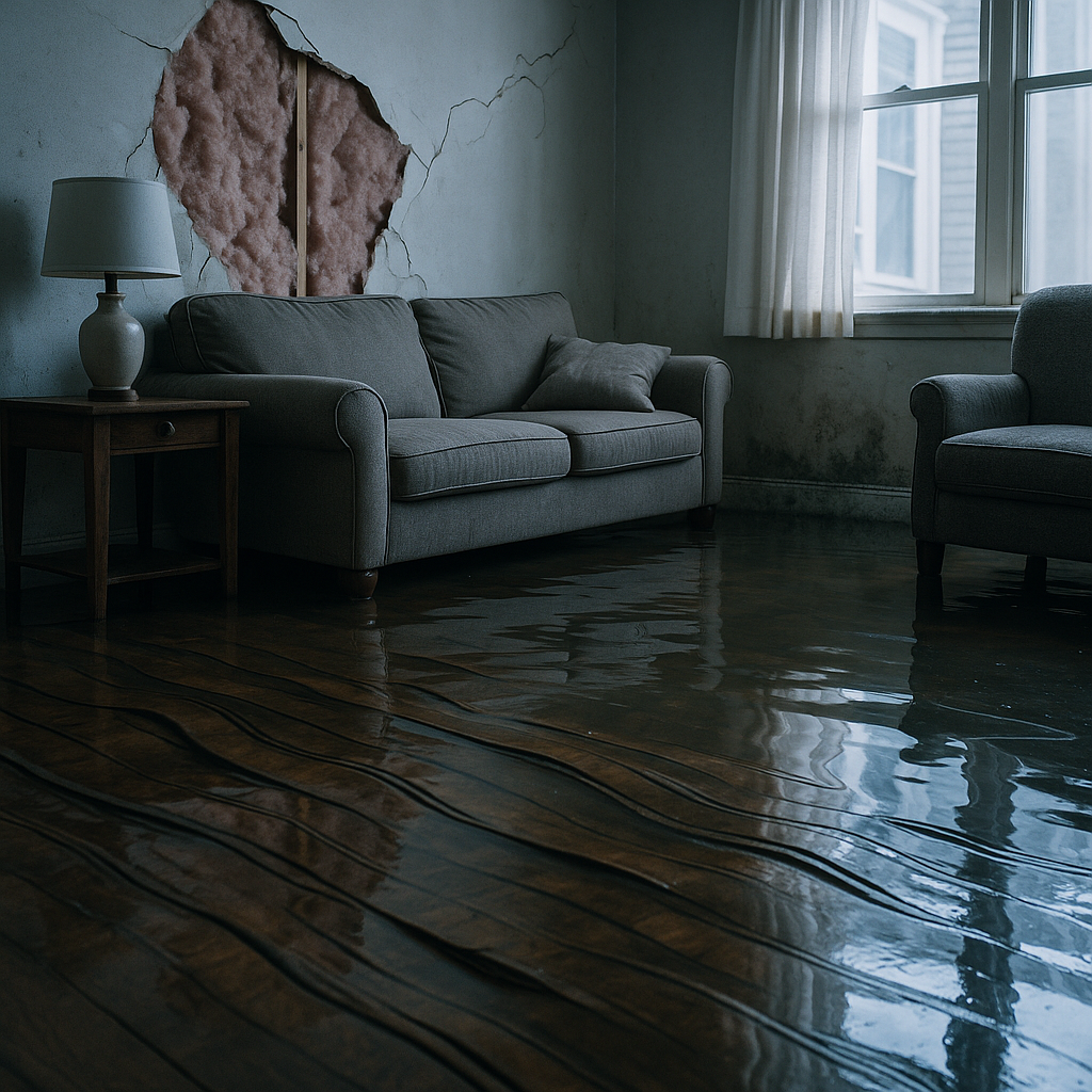 Water damaged room with soaked insulation and warped flooring