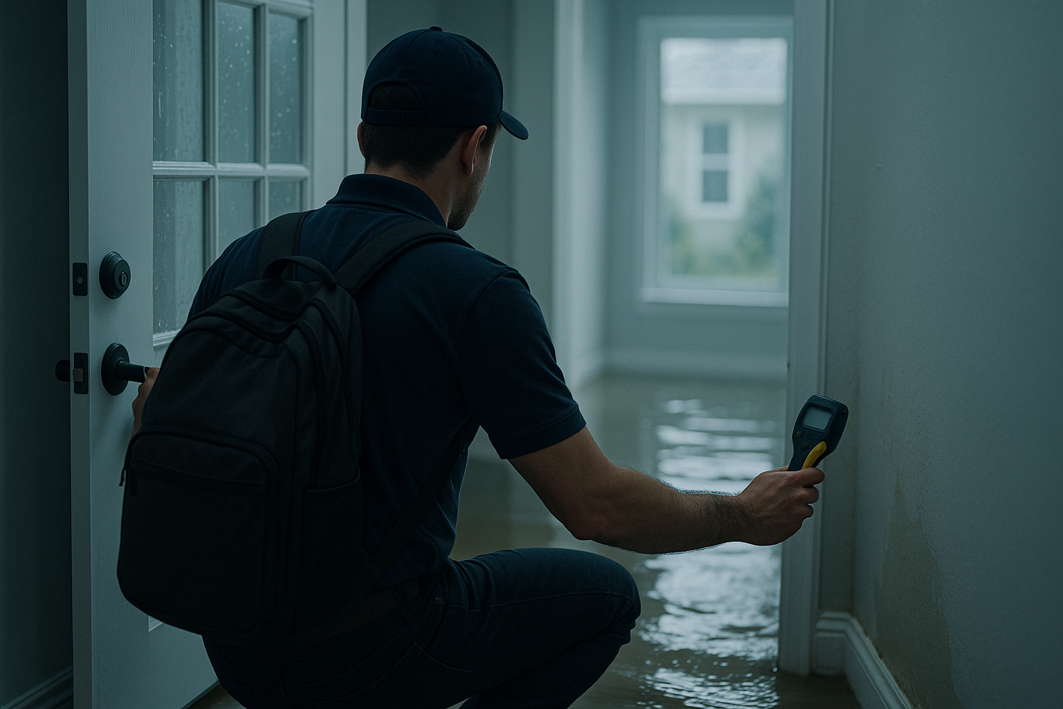 Restoration professional using moisture detection equipment in flooded home