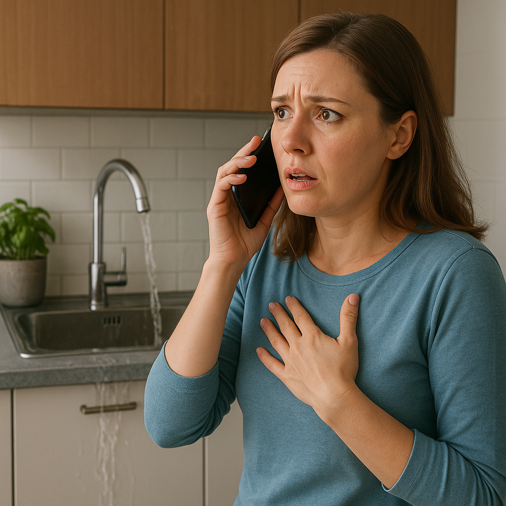 Homeowner on phone near leaking kitchen sink, explaining damage