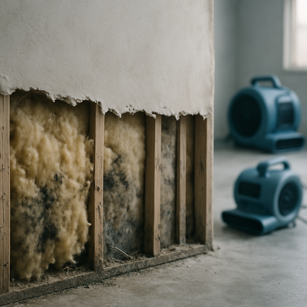 Exposed wall damage being assessed with restoration equipment ready