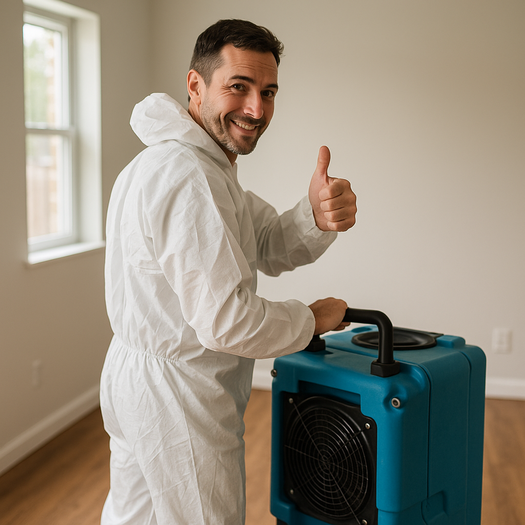 Restoration technician using dehumidifier and checking moisture levels