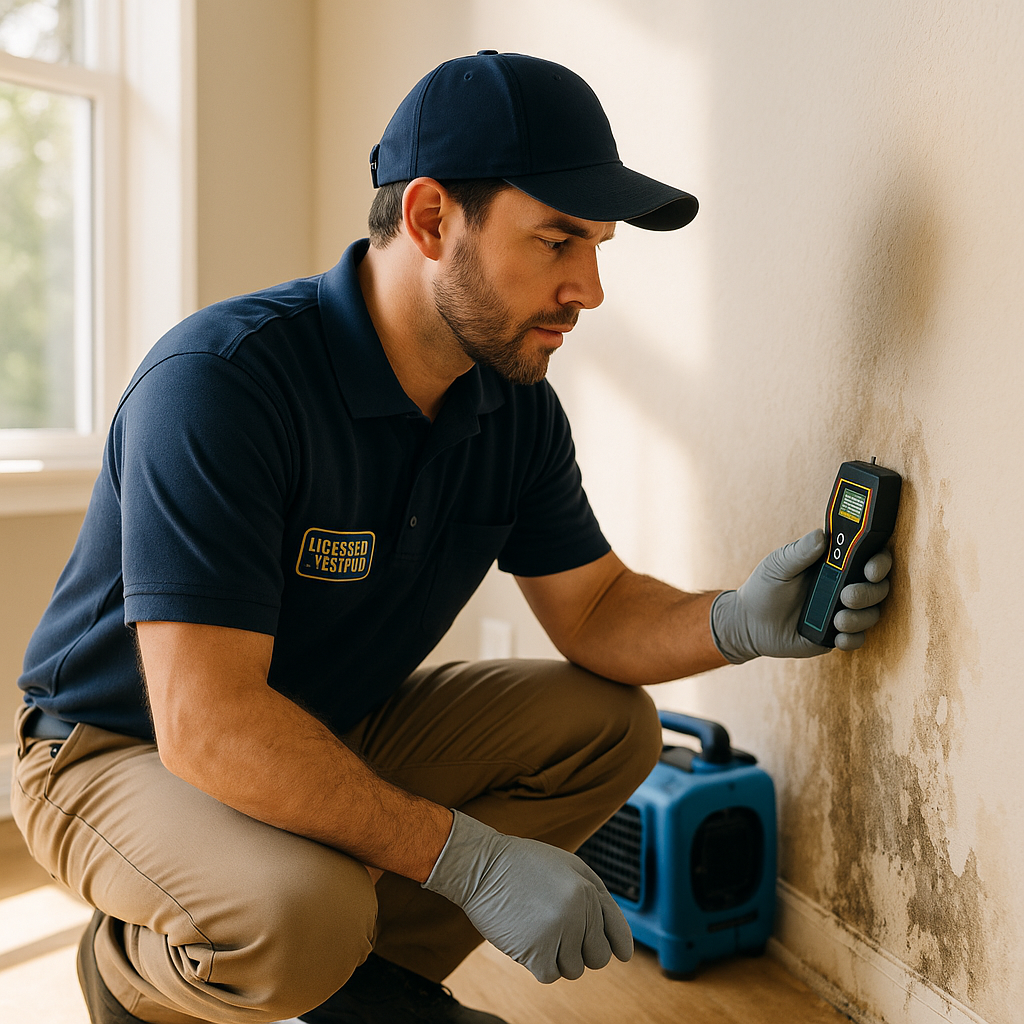 Restoration professional using equipment to dry and fix water damage